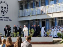 Pope Francis visits the Bethlehem Center in Bratislava, Slovakia, Sept. 13, 2021.